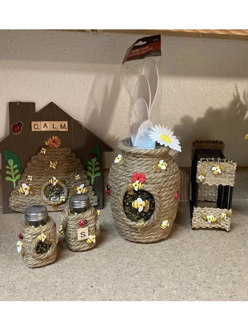 Hand Crafted Twine Bee Jar Set - Brown with Yellow Accents